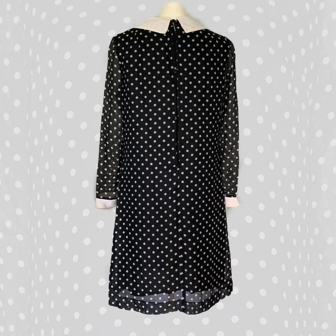 1960s Mod Babydoll Dress in Black Georgette with White Polka Dots. Instant Classic Party Dress.