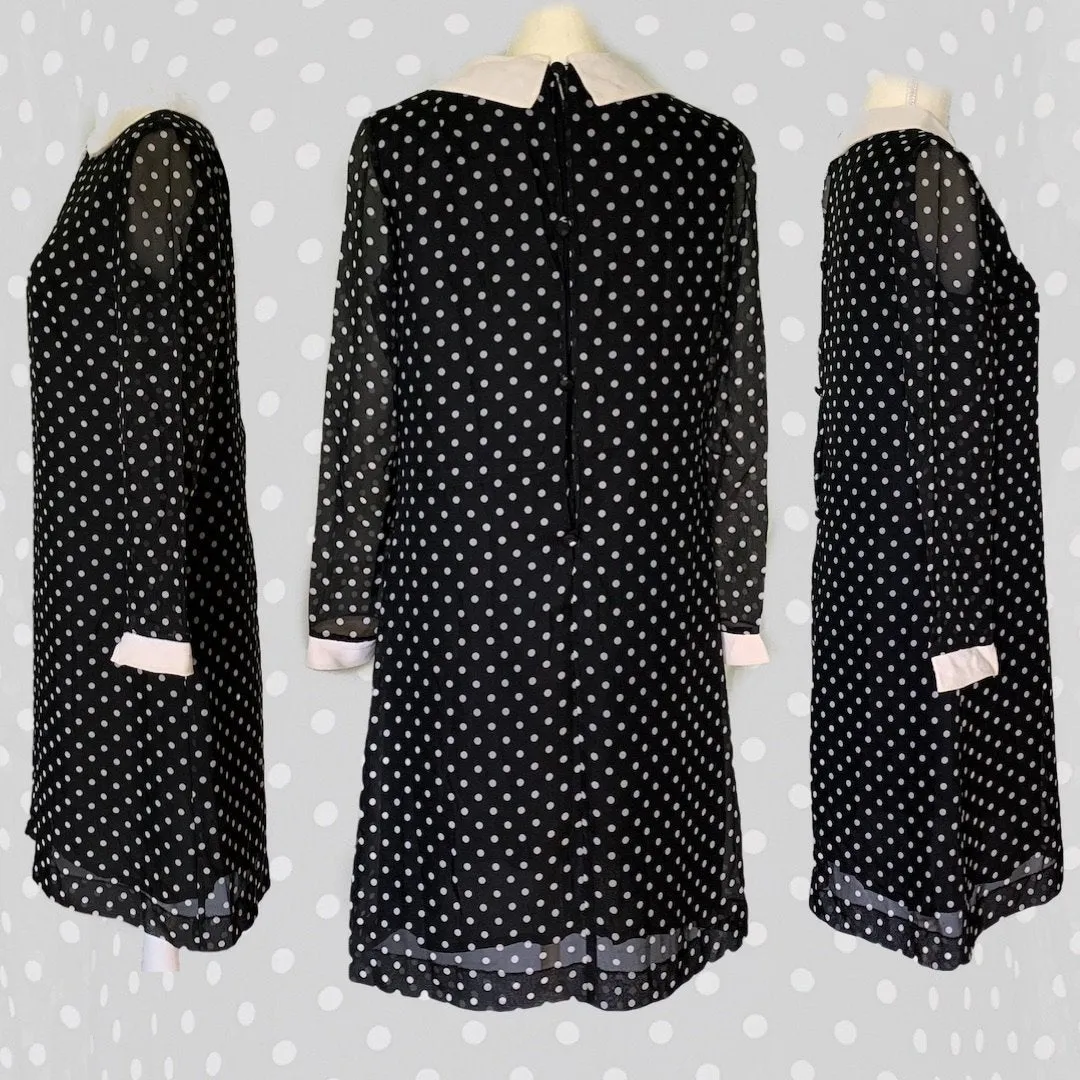 1960s Mod Babydoll Dress in Black Georgette with White Polka Dots. Instant Classic Party Dress.