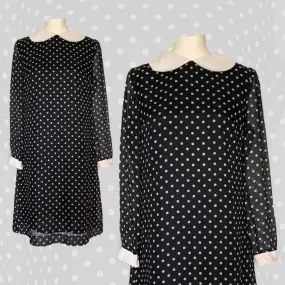 1960s Mod Babydoll Dress in Black Georgette with White Polka Dots. Instant Classic Party Dress.