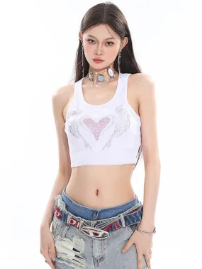 Amour Sparkle Rhinestone Gem Wide Strap Slim Cropped Top