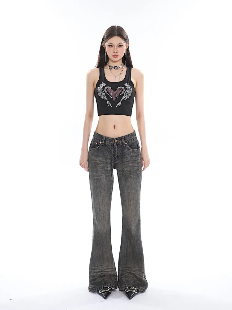 Amour Sparkle Rhinestone Gem Wide Strap Slim Cropped Top