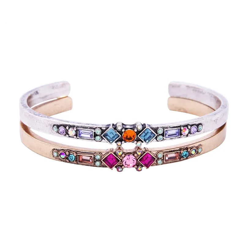 Antique Metal Colorful Crystals Open Cuff Bangle Bracelet - 2 Colors