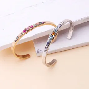 Antique Metal Colorful Crystals Open Cuff Bangle Bracelet - 2 Colors