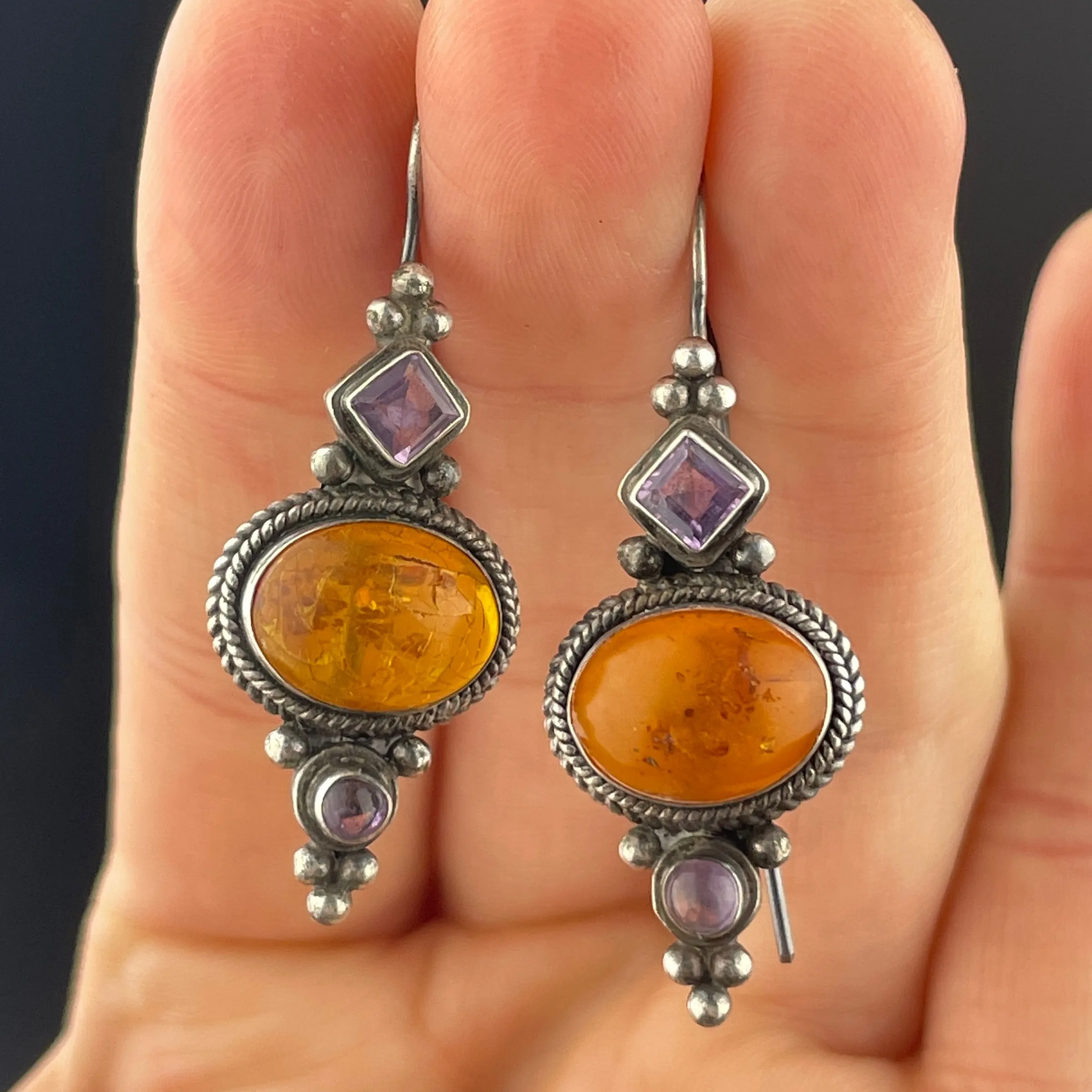 Arts and Crafts Style Silver Baltic Amber Amethyst Statement Earrings