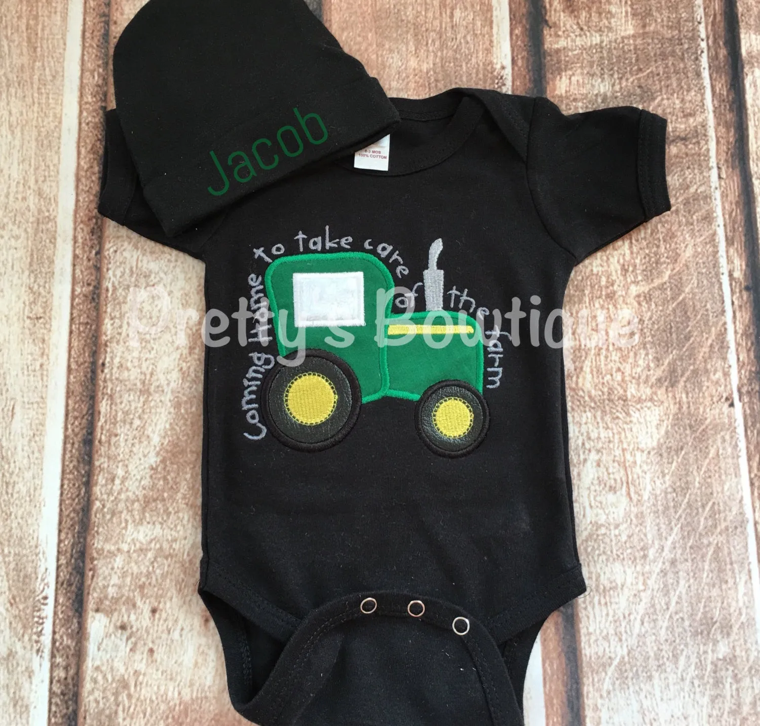 Baby Boy Coming Home Outfit -- Coming home to take care of the farm bodysuit with Hat with Embroidered Name--Black