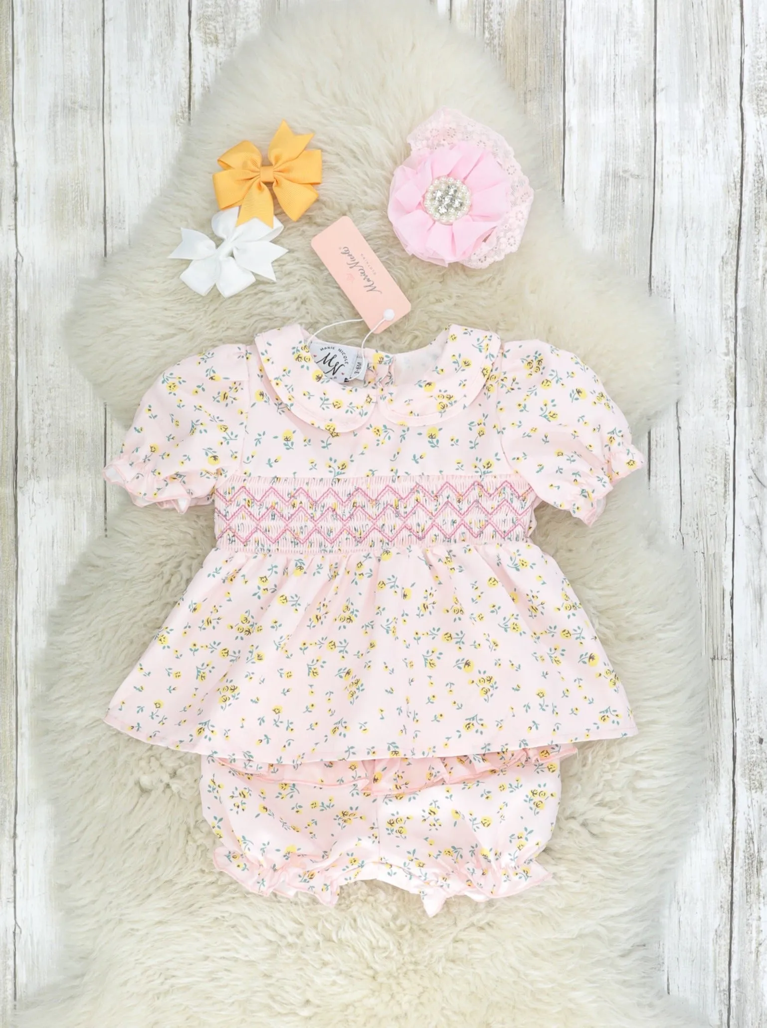 Baby Pink Smocked Floral Top & Bloomers Outfit