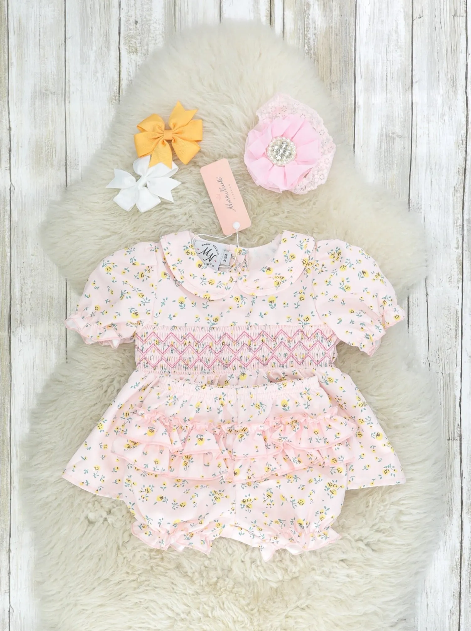 Baby Pink Smocked Floral Top & Bloomers Outfit