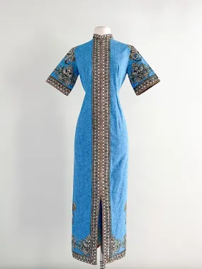 Beautiful 1960's Blue & Gold Batik Maxi Dress  / Sz M