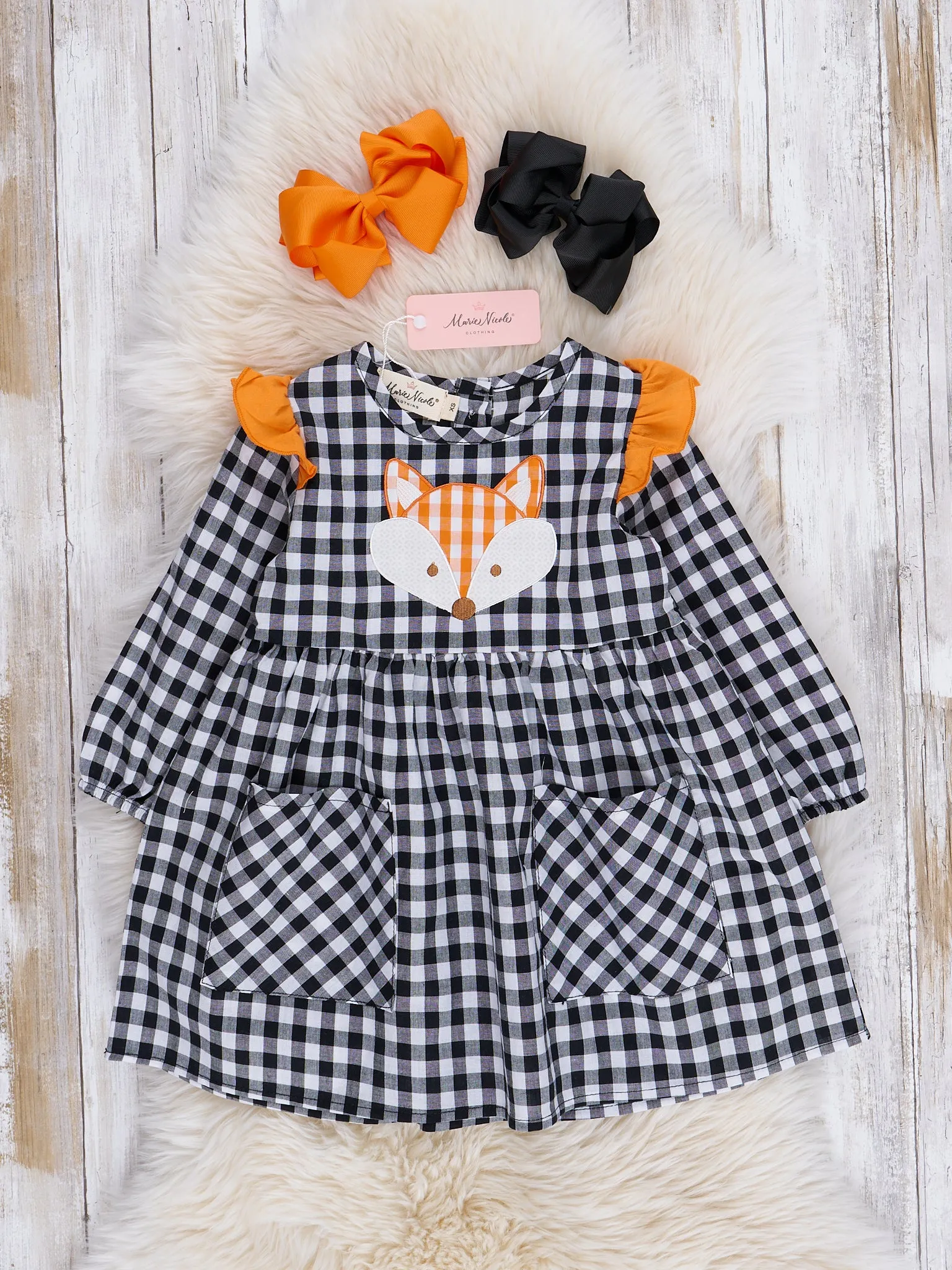 Black & White Gingham Little Fox Pocket Dress