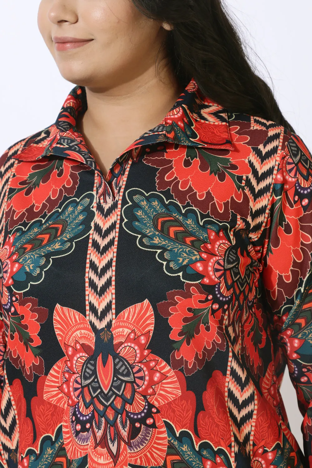 Black Tropical Print Shirt Dress