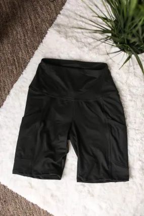 Black Wide Waistband Pocket Biker Shorts • S