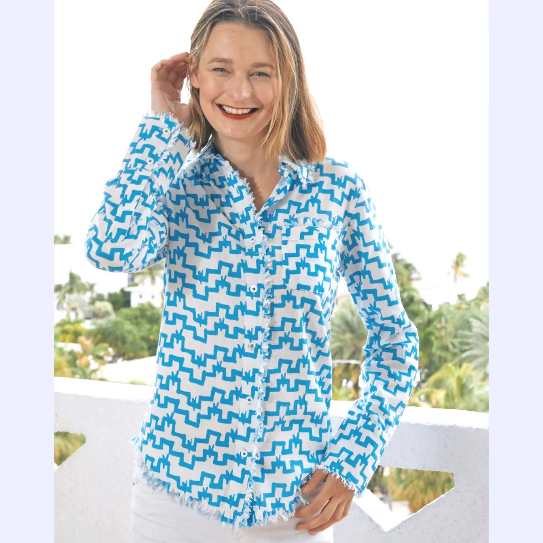 Blue and White Zig Zag Fringe Shirt