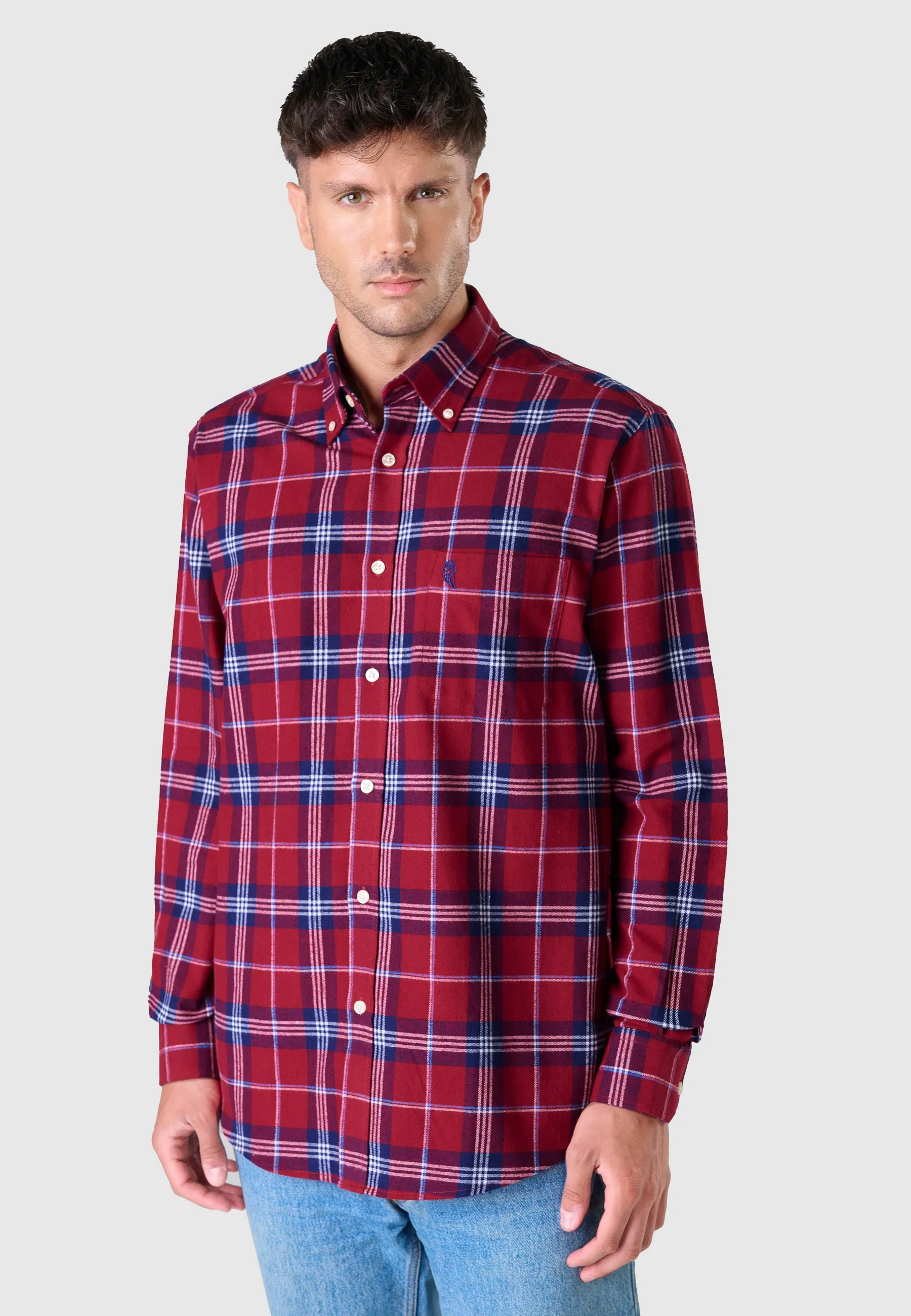 Camisa Hombre Manga Larga con Bolsillo Algodón Franela Cuadros - Rojo 0401_94