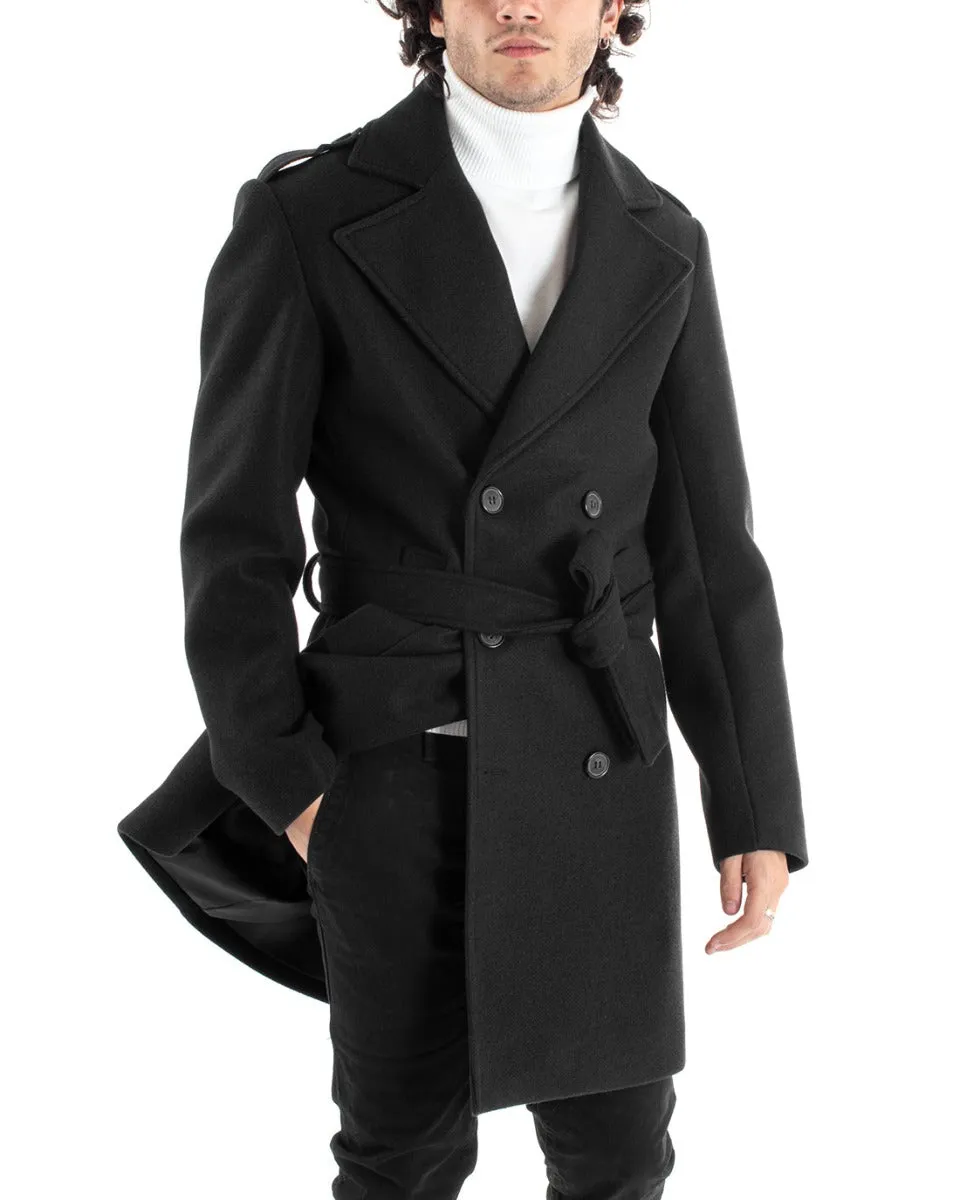 Cappotto Doppiopetto Uomo Giacca Con Cintura Giaccone Lungo Nero Giubbotto Elegante GIOSAL-G2982A