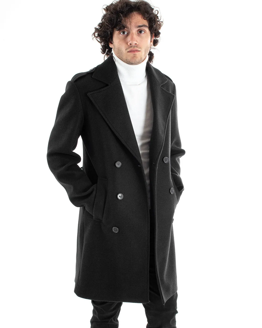 Cappotto Doppiopetto Uomo Giacca Con Cintura Giaccone Lungo Nero Giubbotto Elegante GIOSAL-G2982A