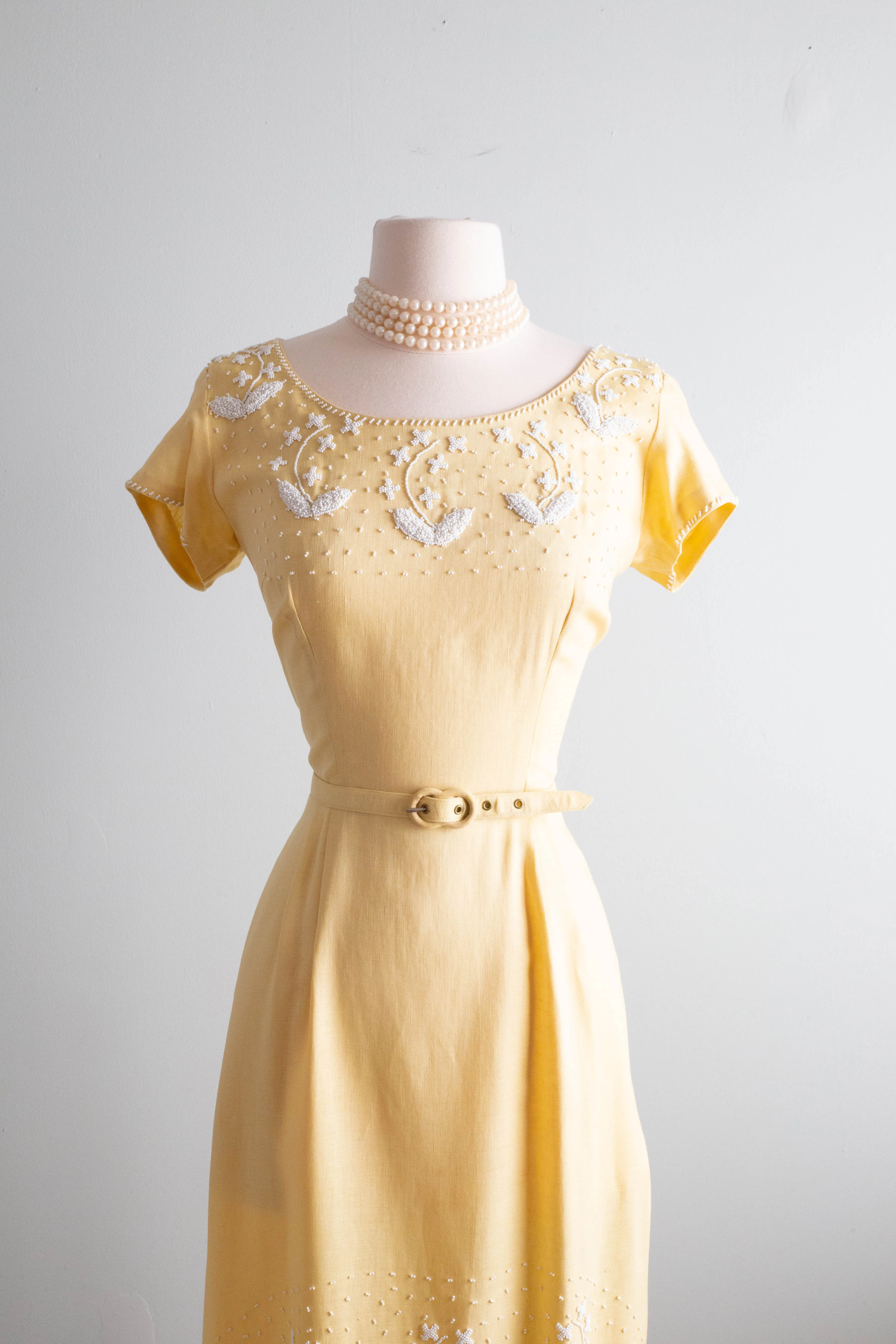 Classic 1950's Moygashel Linen Beaded Buttercup Occasion Dress / Medium