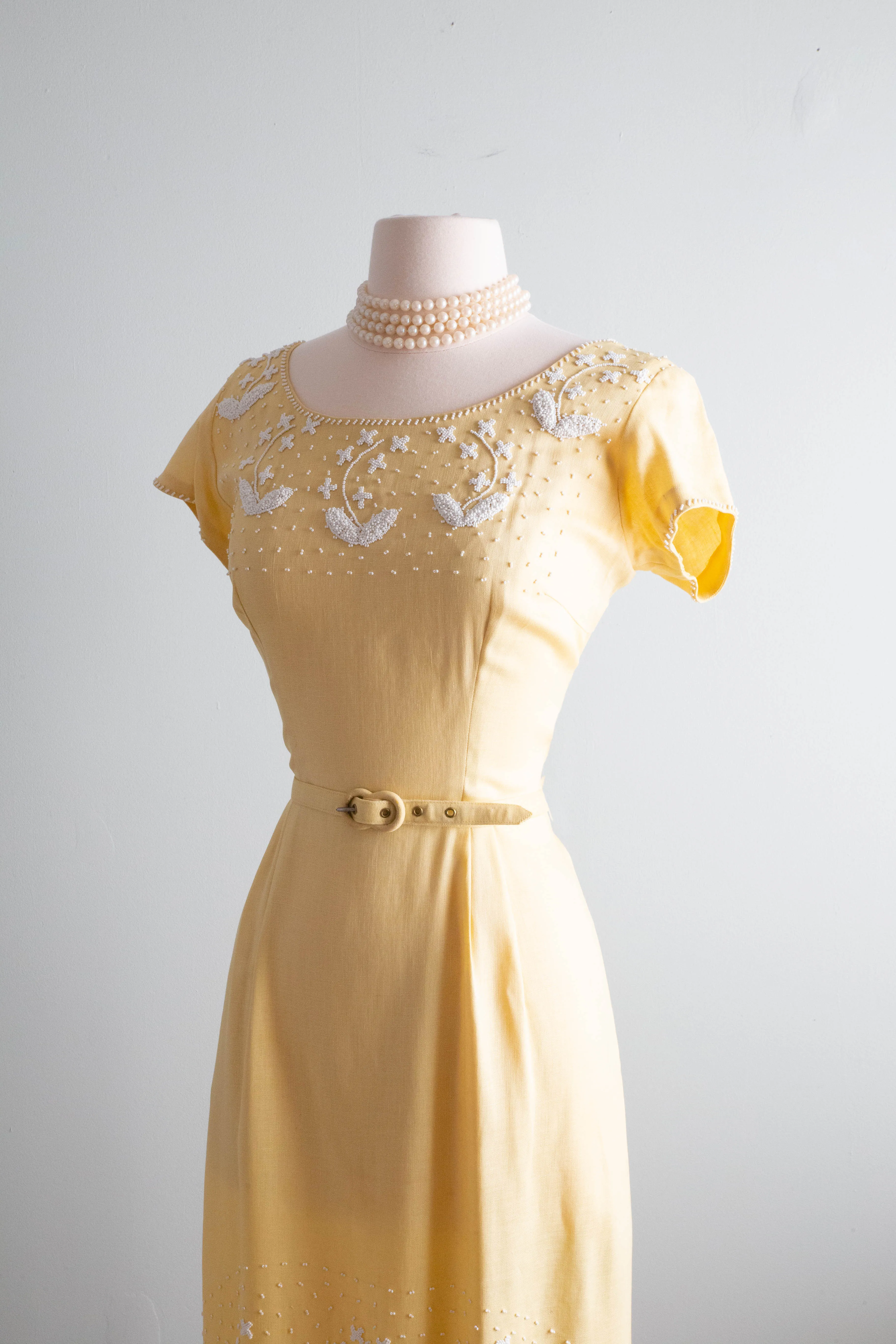 Classic 1950's Moygashel Linen Beaded Buttercup Occasion Dress / Medium