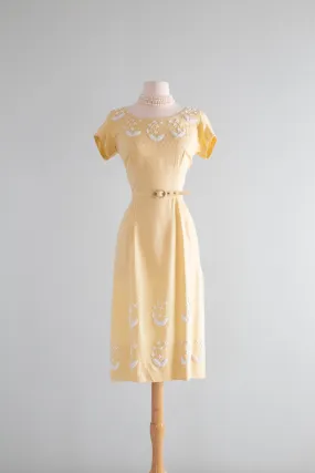 Classic 1950's Moygashel Linen Beaded Buttercup Occasion Dress / Medium