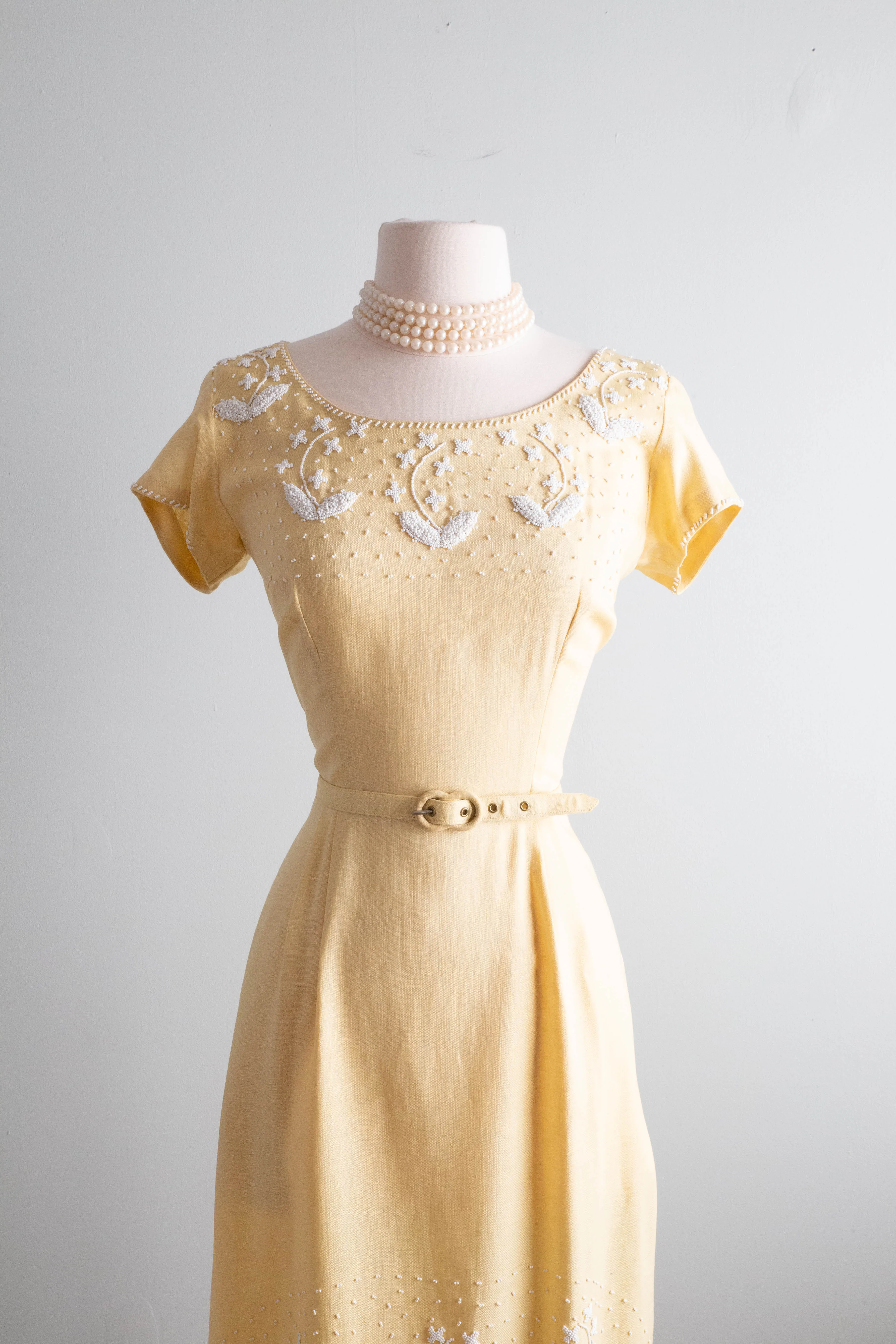 Classic 1950's Moygashel Linen Beaded Buttercup Occasion Dress / Medium