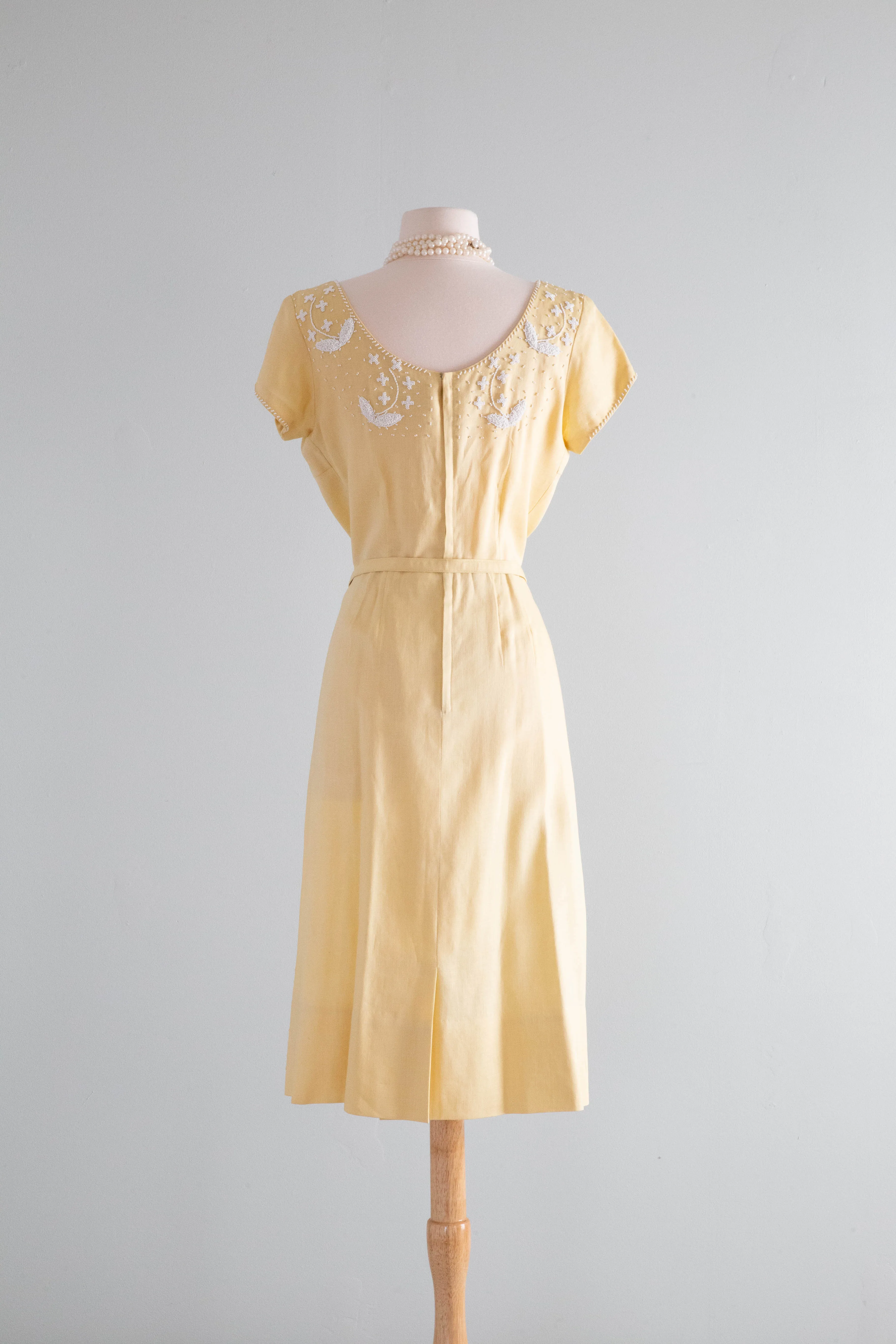 Classic 1950's Moygashel Linen Beaded Buttercup Occasion Dress / Medium