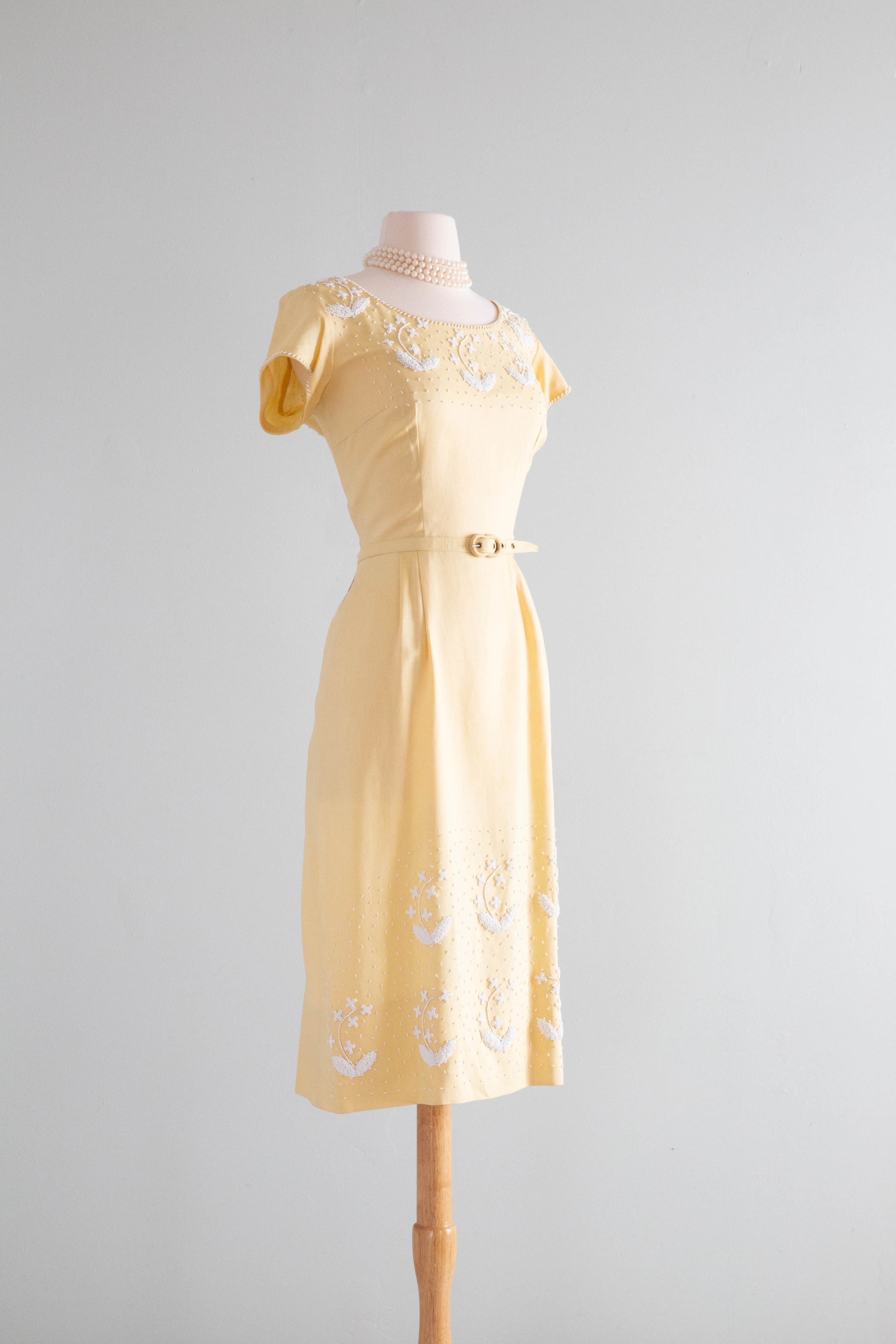 Classic 1950's Moygashel Linen Beaded Buttercup Occasion Dress / Medium