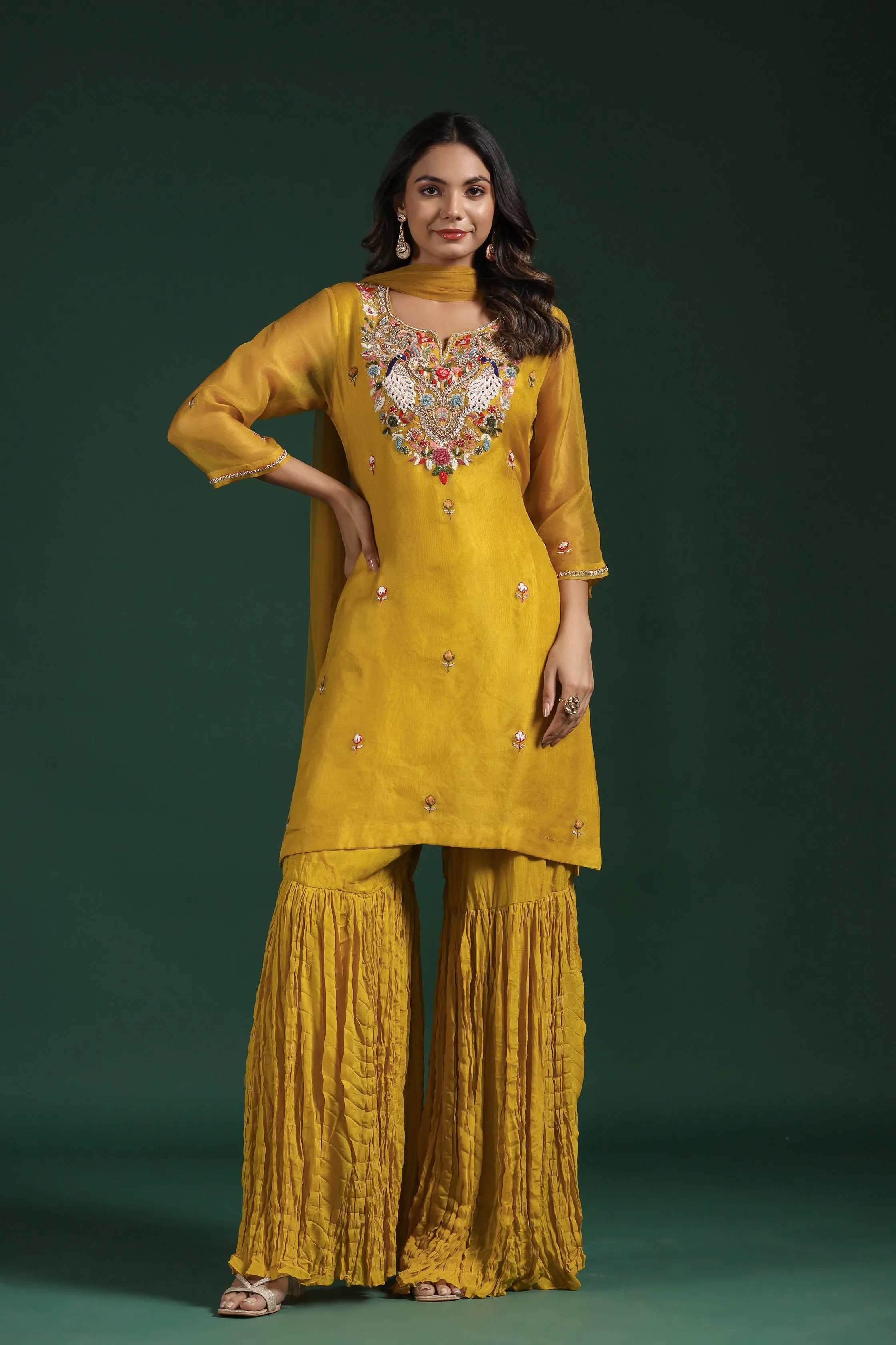 Classic Yellow Embellished Premium Organza Silk Sharara Set