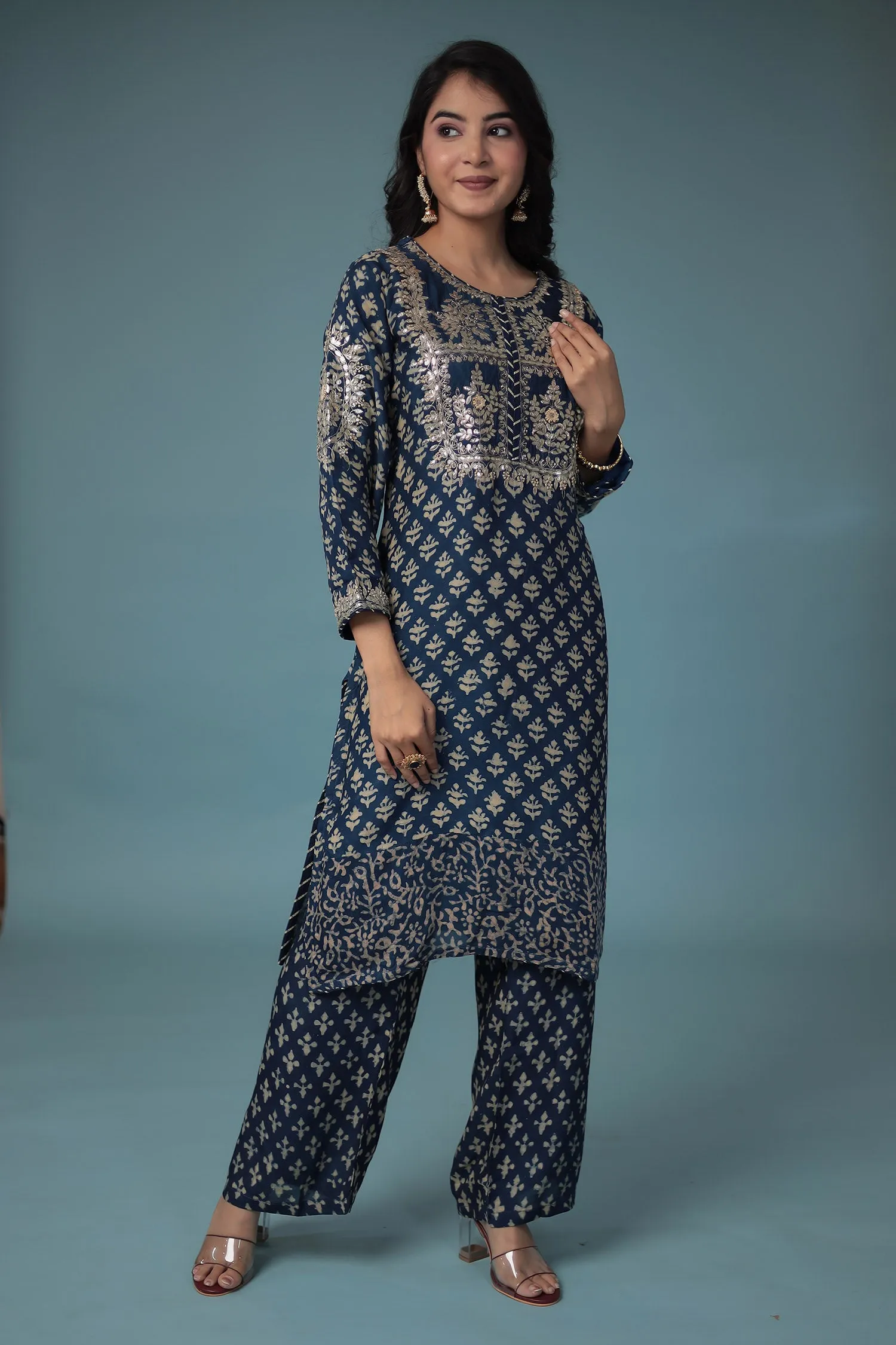 Cotton Silk Dabu Print Suit with Hand Aari work.