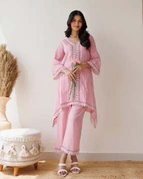 Ghazal Pink Lino Mul Up-down Lace Co-ord Set