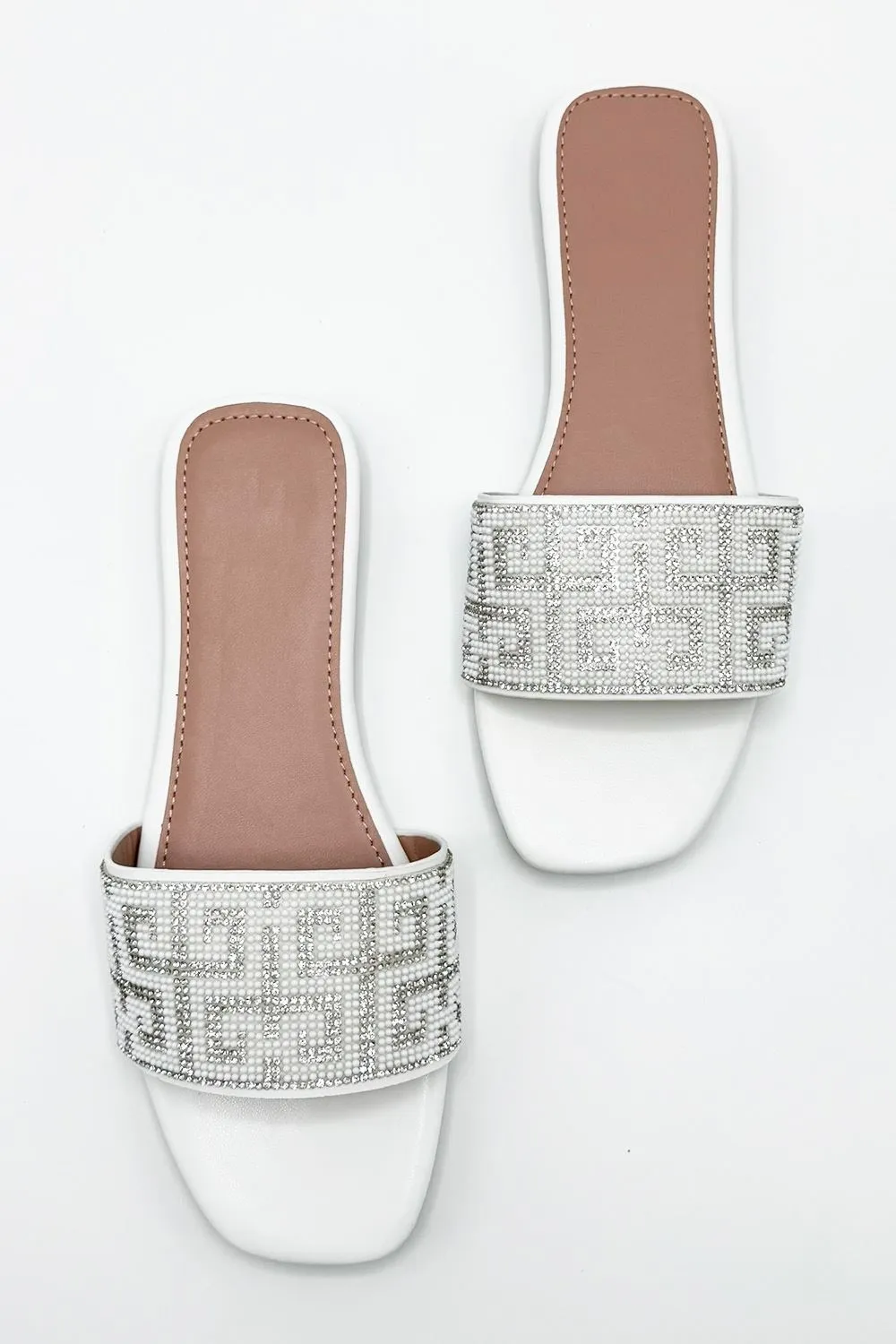 Gloria Diamante Patterned Band Flat Sliders in White