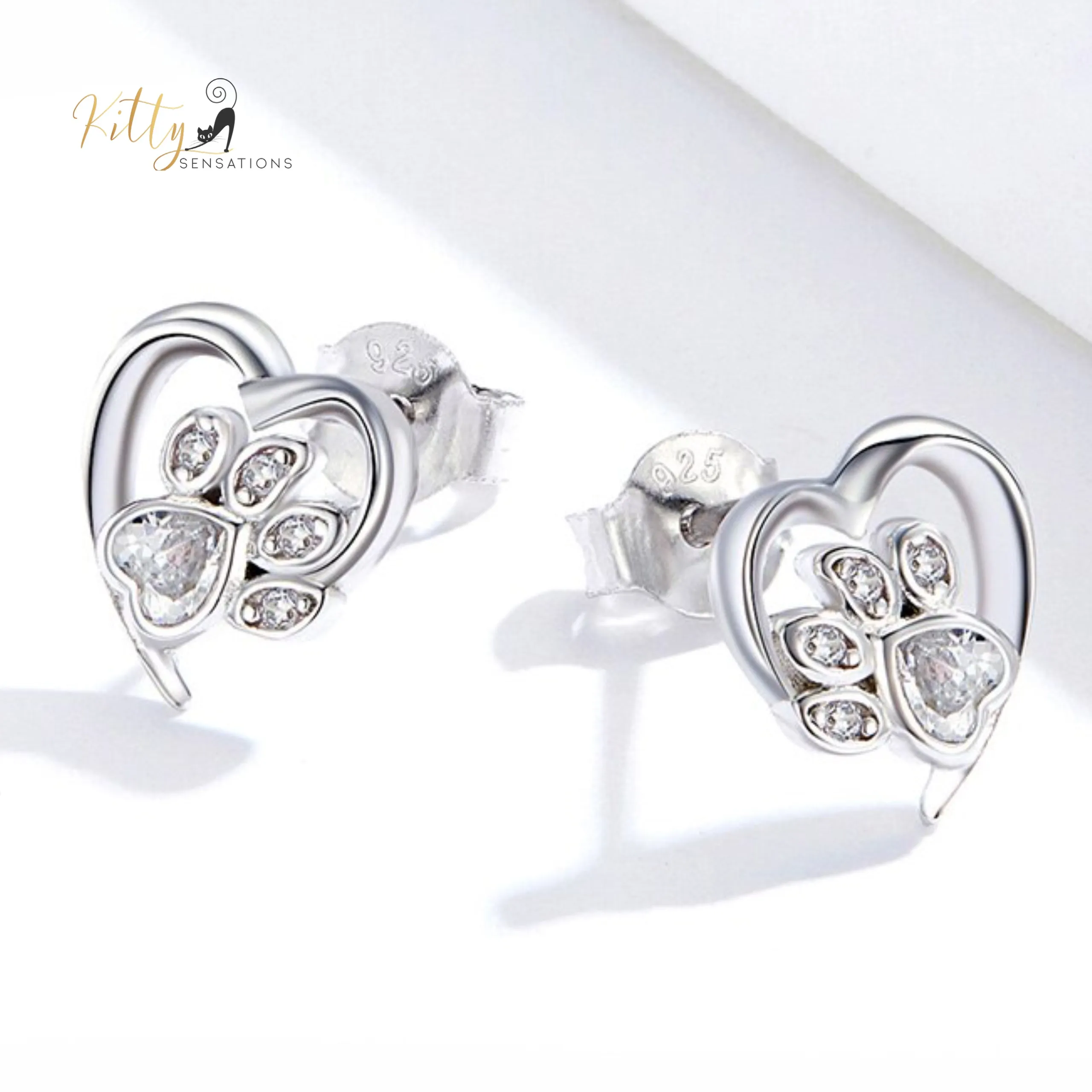 Heart Paw Cat Earrings in Solid 925 Sterling Silver (Platinum Plated)