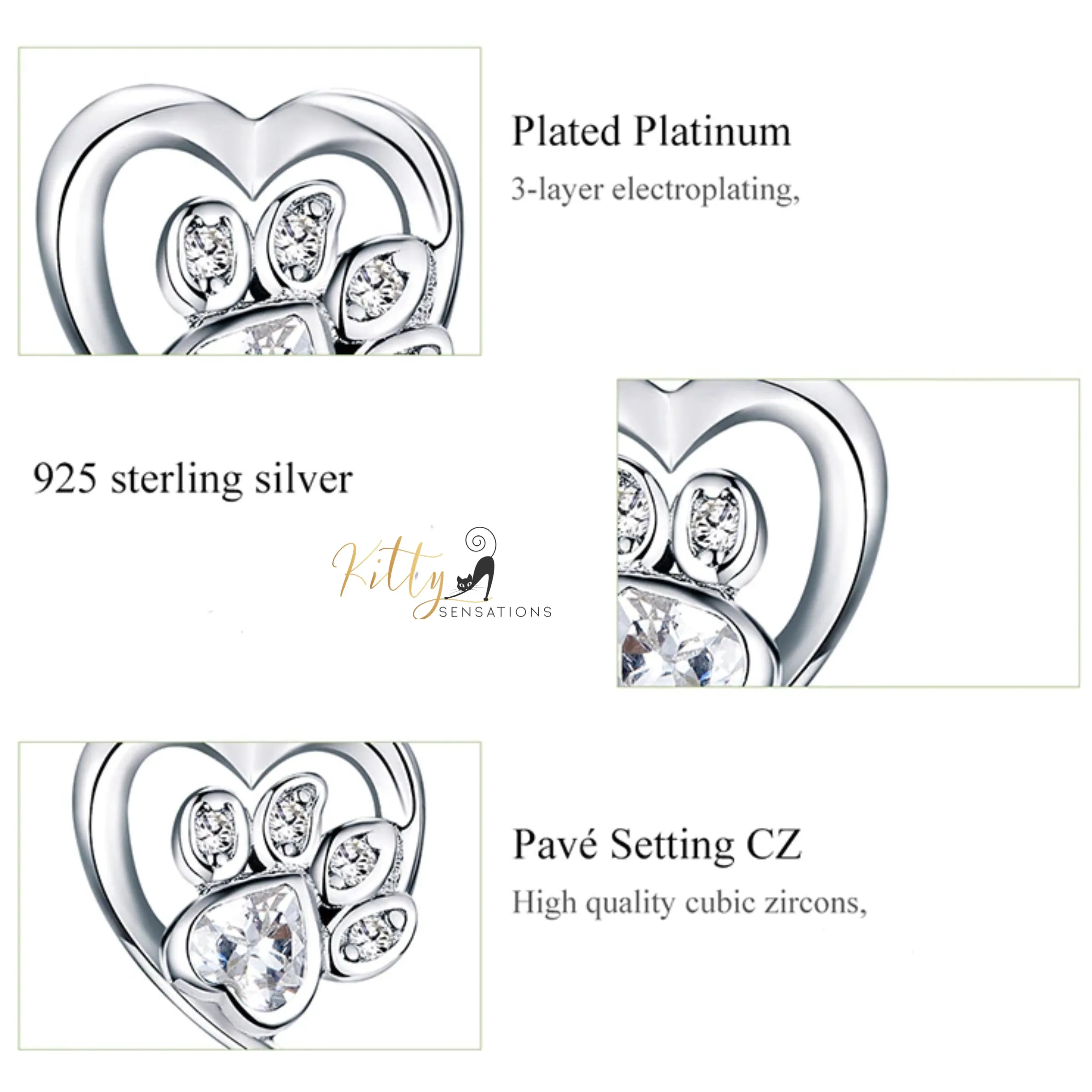 Heart Paw Cat Earrings in Solid 925 Sterling Silver (Platinum Plated)