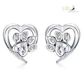 Heart Paw Cat Earrings in Solid 925 Sterling Silver (Platinum Plated)