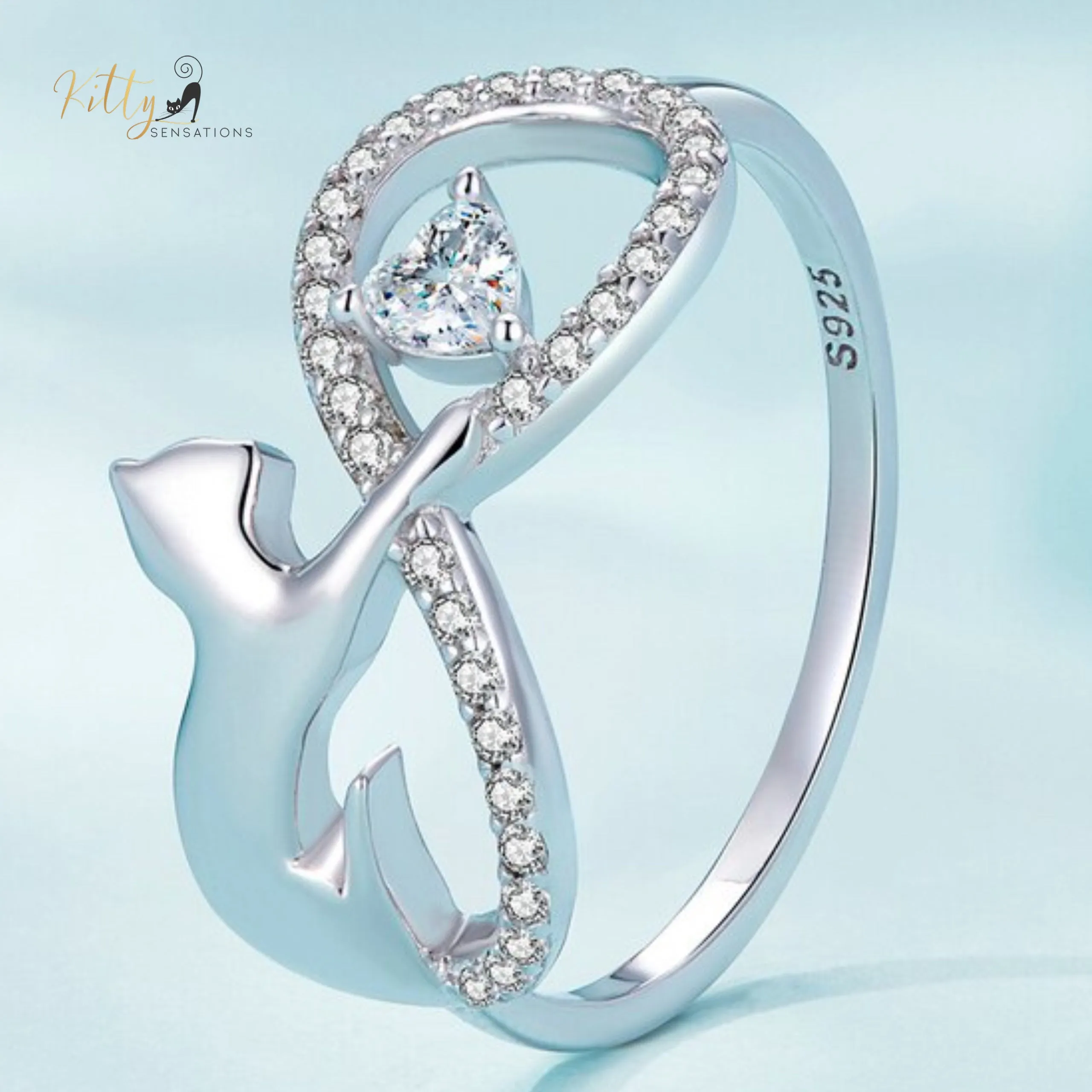 Infinite Love CZ Cat Ring in Solid 925 Sterling Silver - Platinum Plated