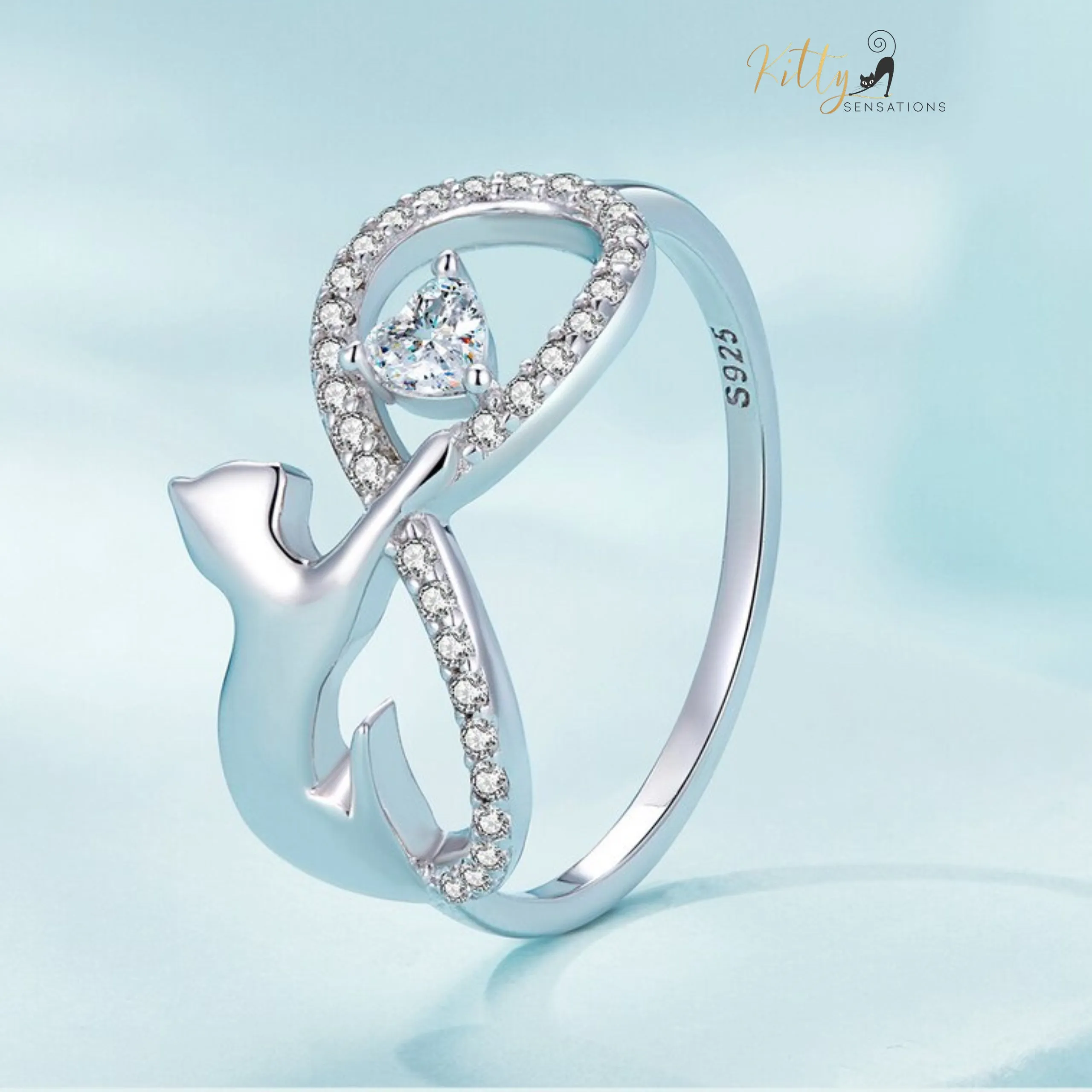 Infinite Love CZ Cat Ring in Solid 925 Sterling Silver - Platinum Plated