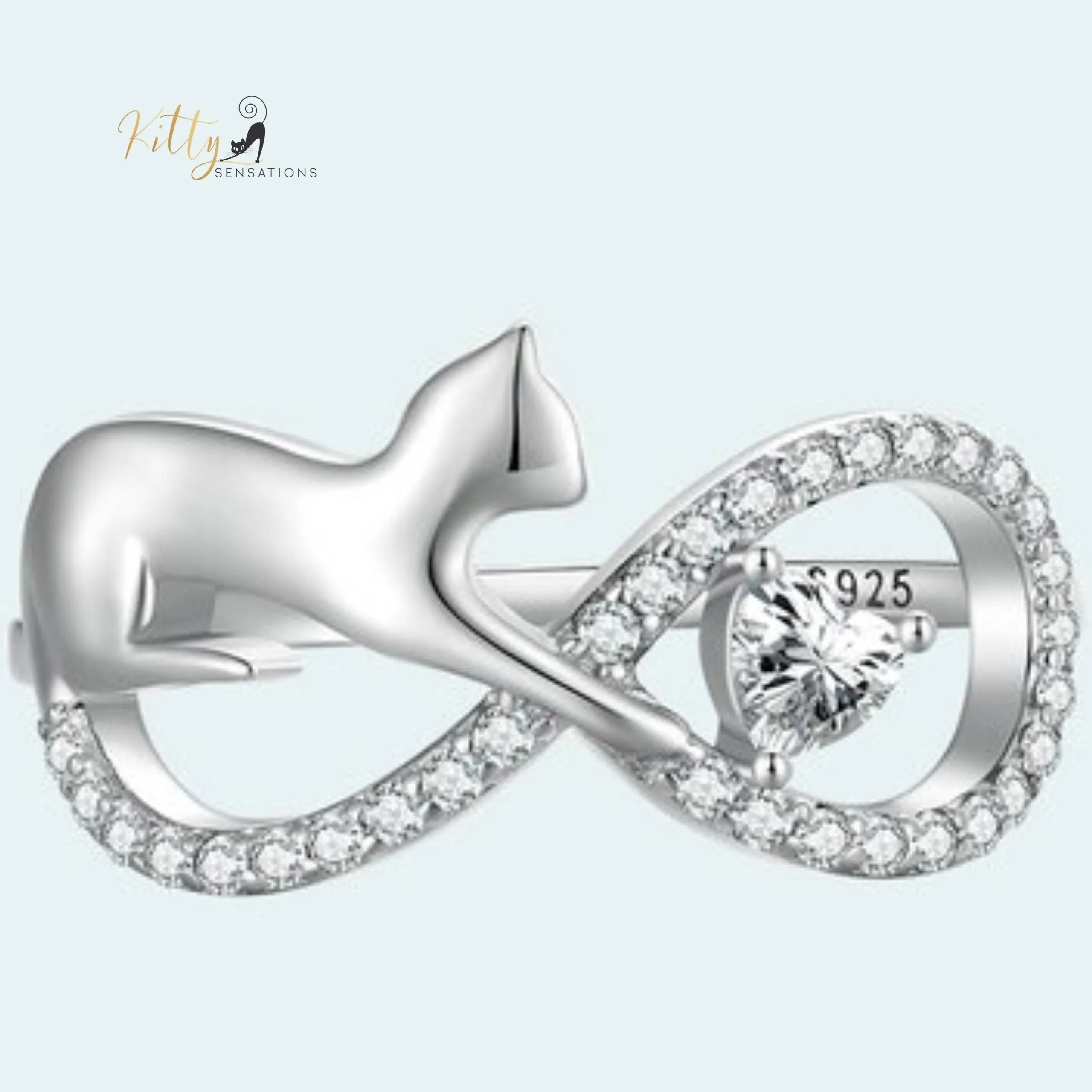 Infinite Love CZ Cat Ring in Solid 925 Sterling Silver - Platinum Plated