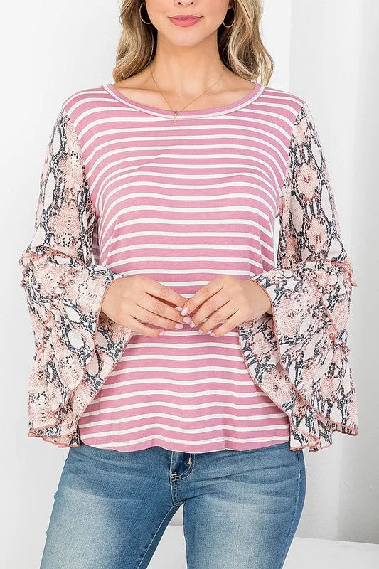 Mauve & Animal Print Bell Sleeve Top