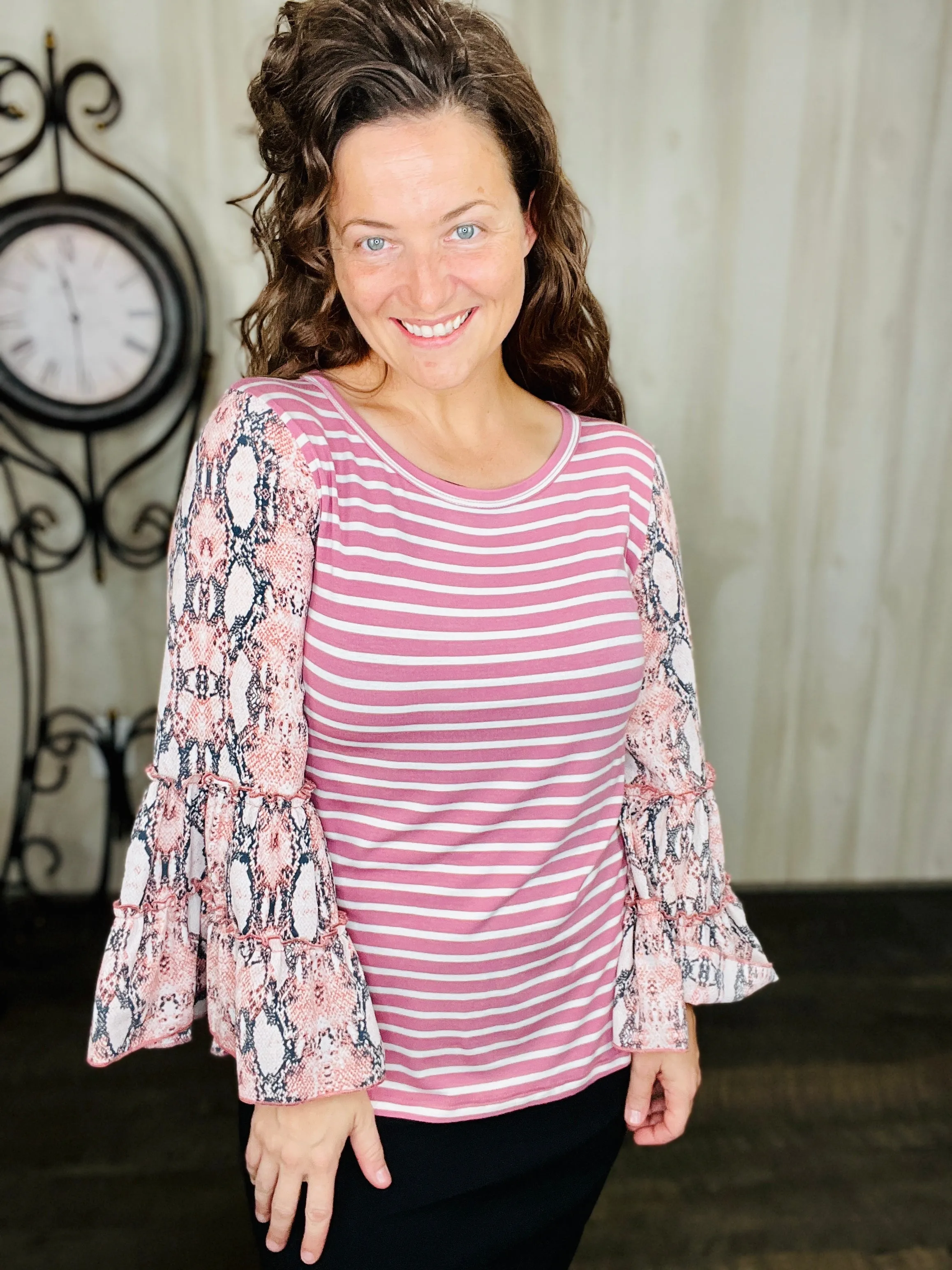 Mauve & Animal Print Bell Sleeve Top