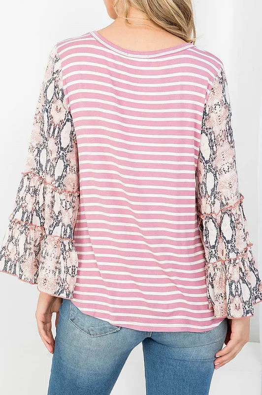 Mauve & Animal Print Bell Sleeve Top