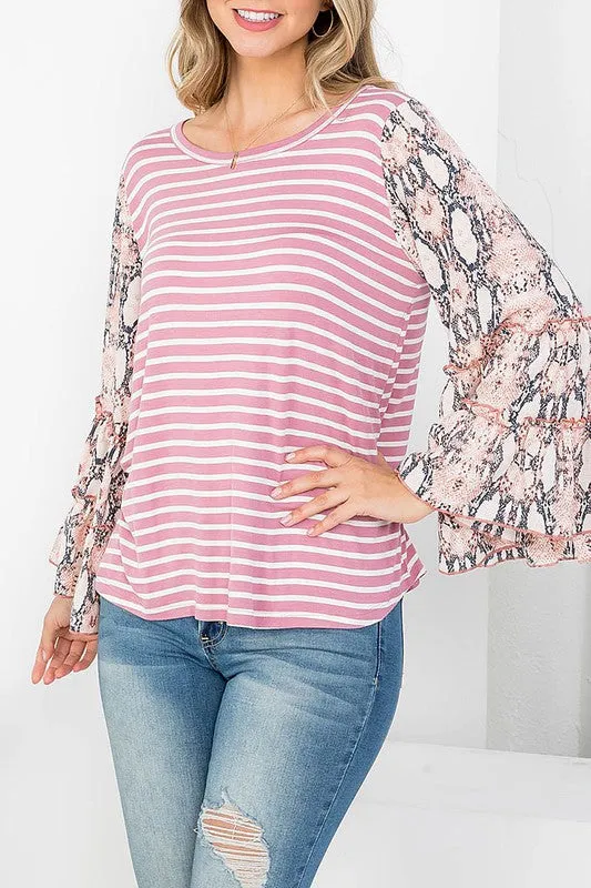 Mauve & Animal Print Bell Sleeve Top