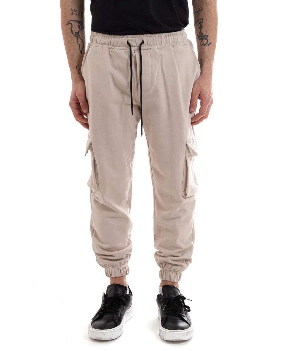 Pantaloni Uomo Pantalaccio Tuta Cargo Beige Casual Elastico Alla Caviglia GIOSAL-P5621A