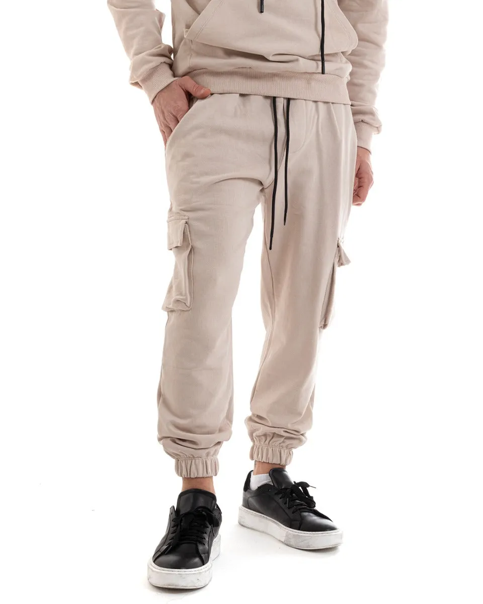 Pantaloni Uomo Pantalaccio Tuta Cargo Beige Casual Elastico Alla Caviglia GIOSAL-P5621A