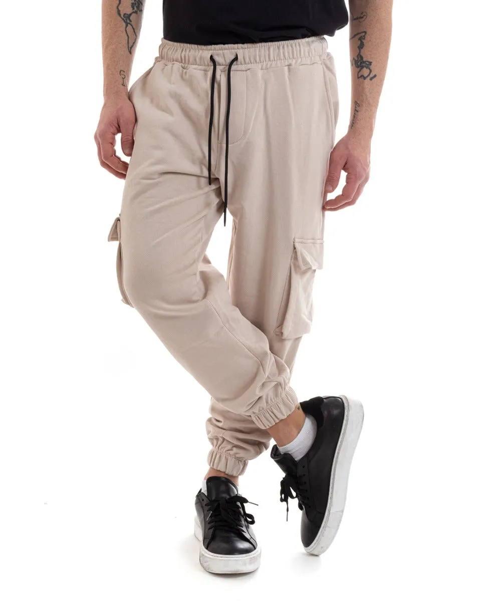 Pantaloni Uomo Pantalaccio Tuta Cargo Beige Casual Elastico Alla Caviglia GIOSAL-P5621A