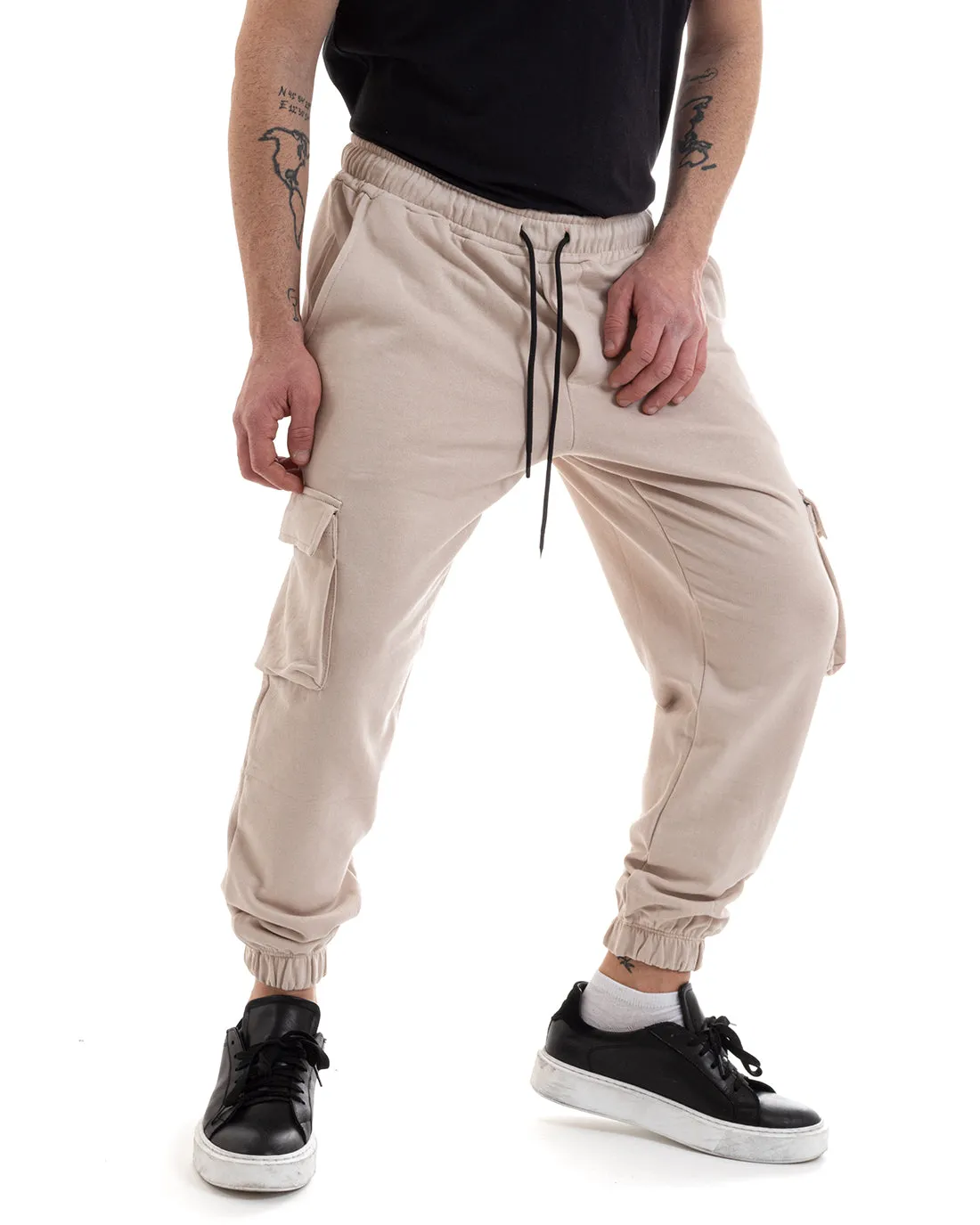 Pantaloni Uomo Pantalaccio Tuta Cargo Beige Casual Elastico Alla Caviglia GIOSAL-P5621A