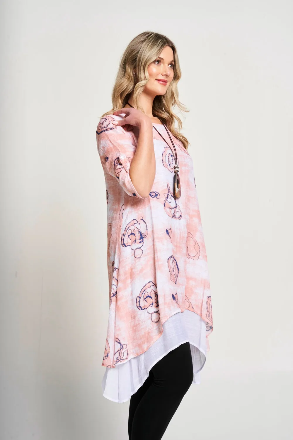 Saloos Swirl Print Double Layer Dress with Necklace