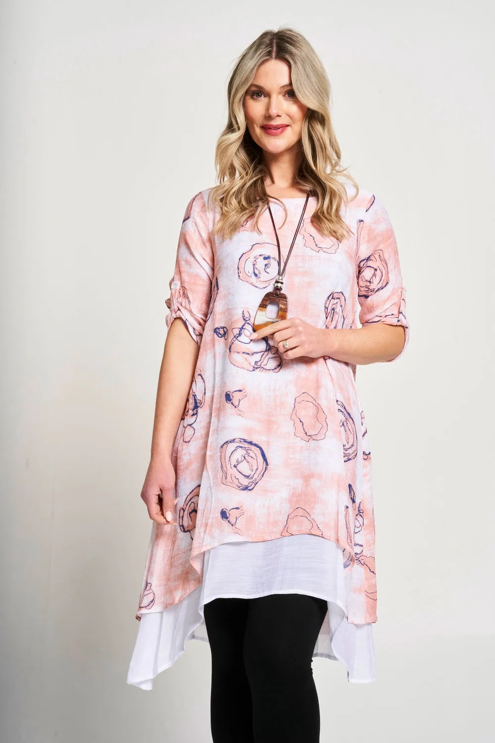 Saloos Swirl Print Double Layer Dress with Necklace