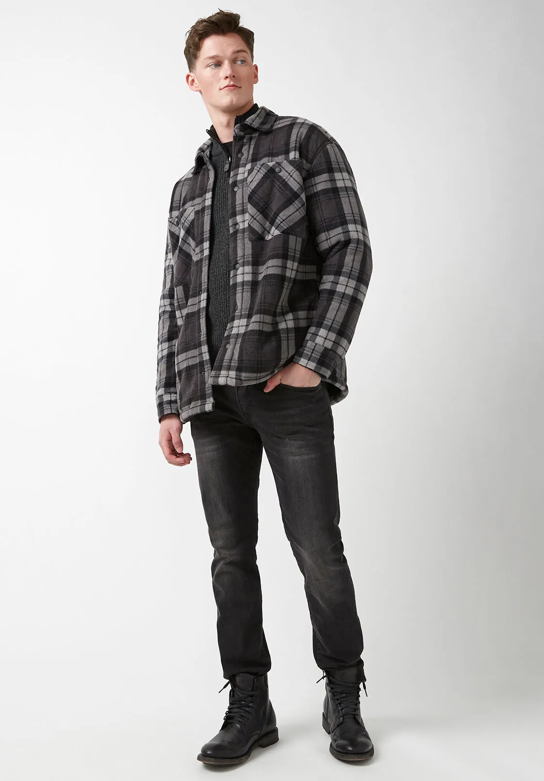 Sandis Fleece Shacket in Black Plaid - BPM14426