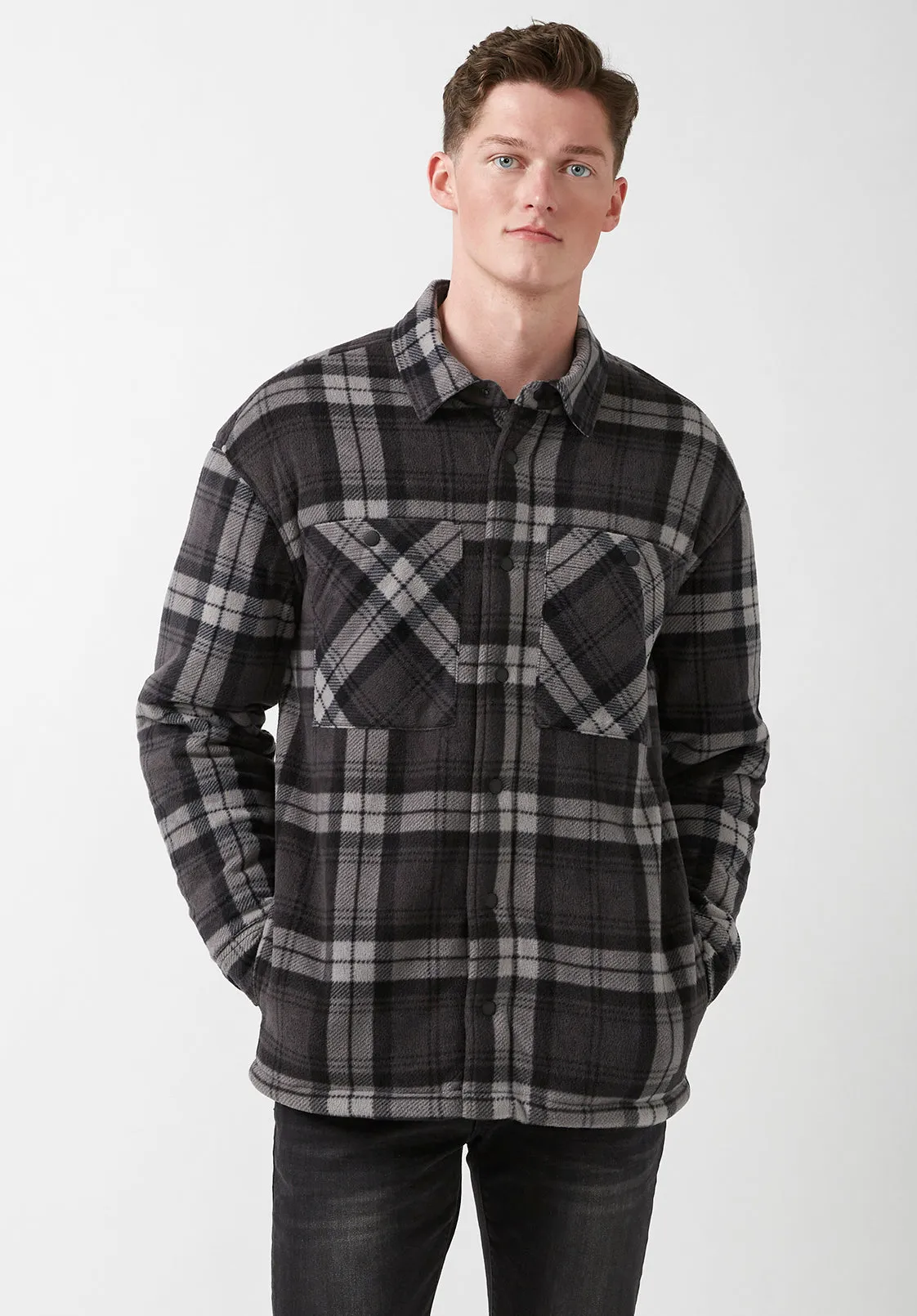 Sandis Fleece Shacket in Black Plaid - BPM14426