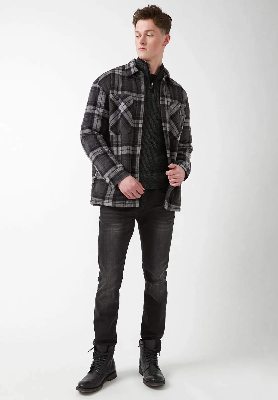 Sandis Fleece Shacket in Black Plaid - BPM14426