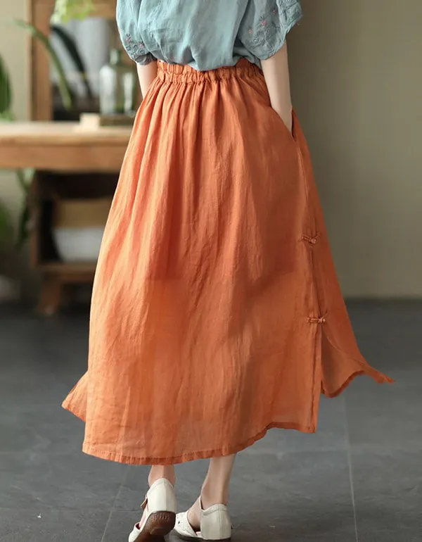 Summer Retro Buckle Split Ramie Skirt