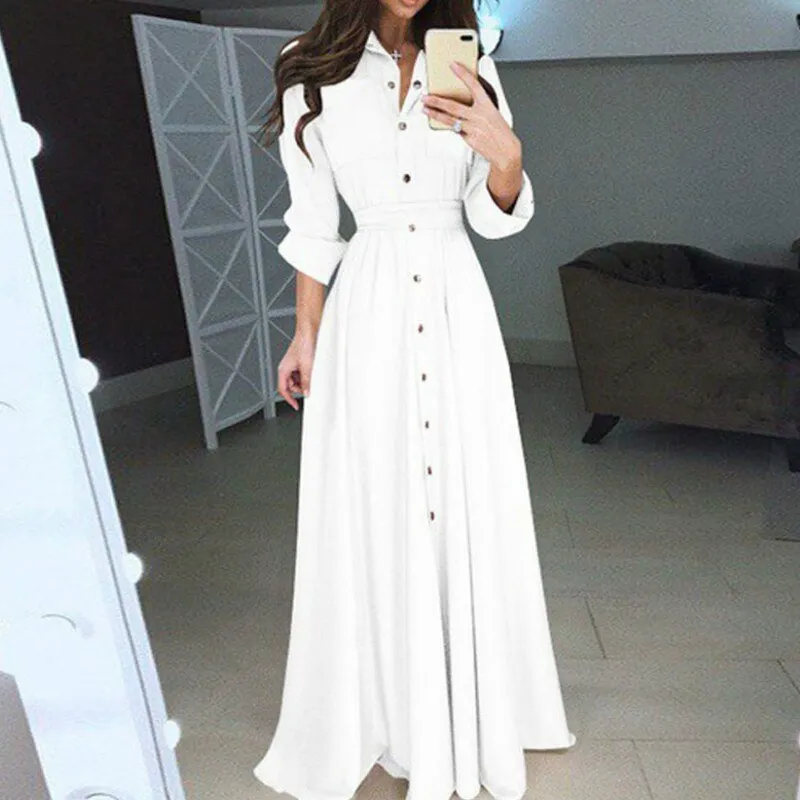 Women Summer Shirt Style Maxi Dress Long Sleeve Casual Loose High Street Dress Clothing Plus Size S-3XL